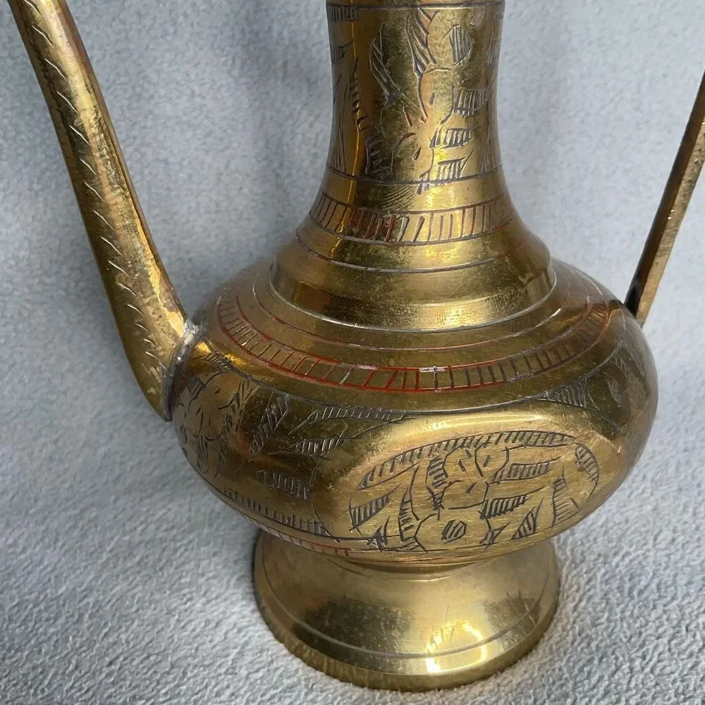 Solid Brass Mini India Tea Pot Pitcher Genie Lamp Etched Vtg  Handle Hinged Lid‎